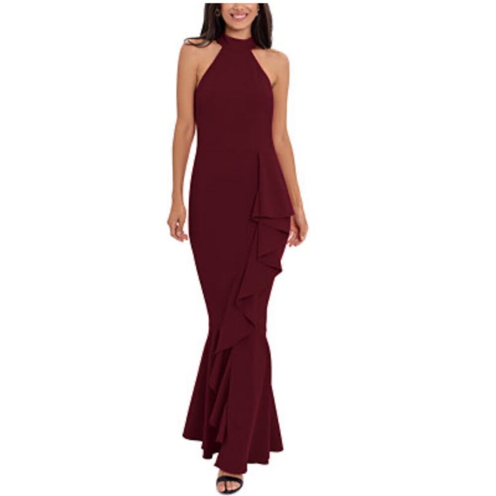 NWT BETSY ADAM Burgundy Halter-Neck Cascading Ruffle Women's‎ Gown Size 14